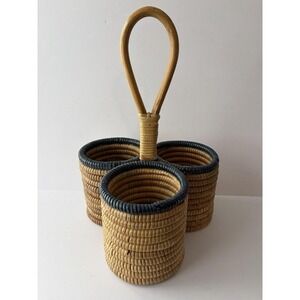 Vintage Woven Rattan 3 Compartment Caddy Basket w Handle Boho